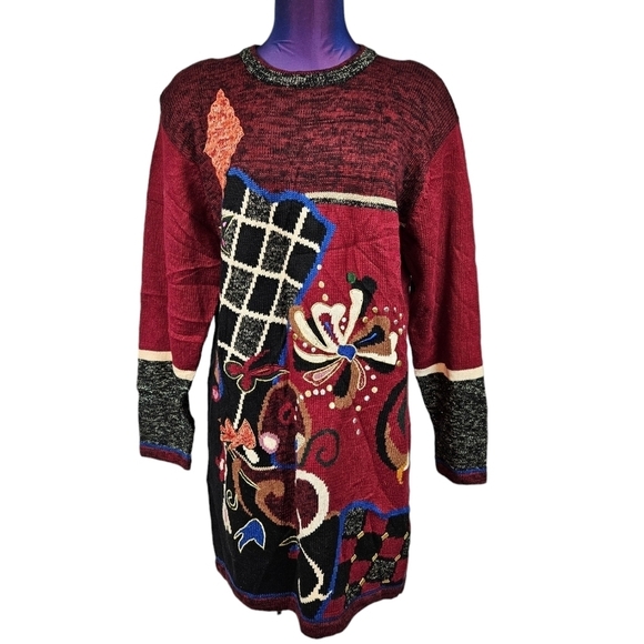 Vintage 80s Joyce Burgundy Abstract Christmas Sweater‎ Dress Size Large Women's - Picture 1 of 8